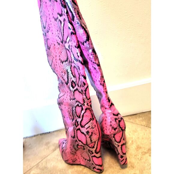 Hot Pink Python Snakeskin Tall Boots Wedge Heel Pointy Toe Size 10 - Picture 7 of 8